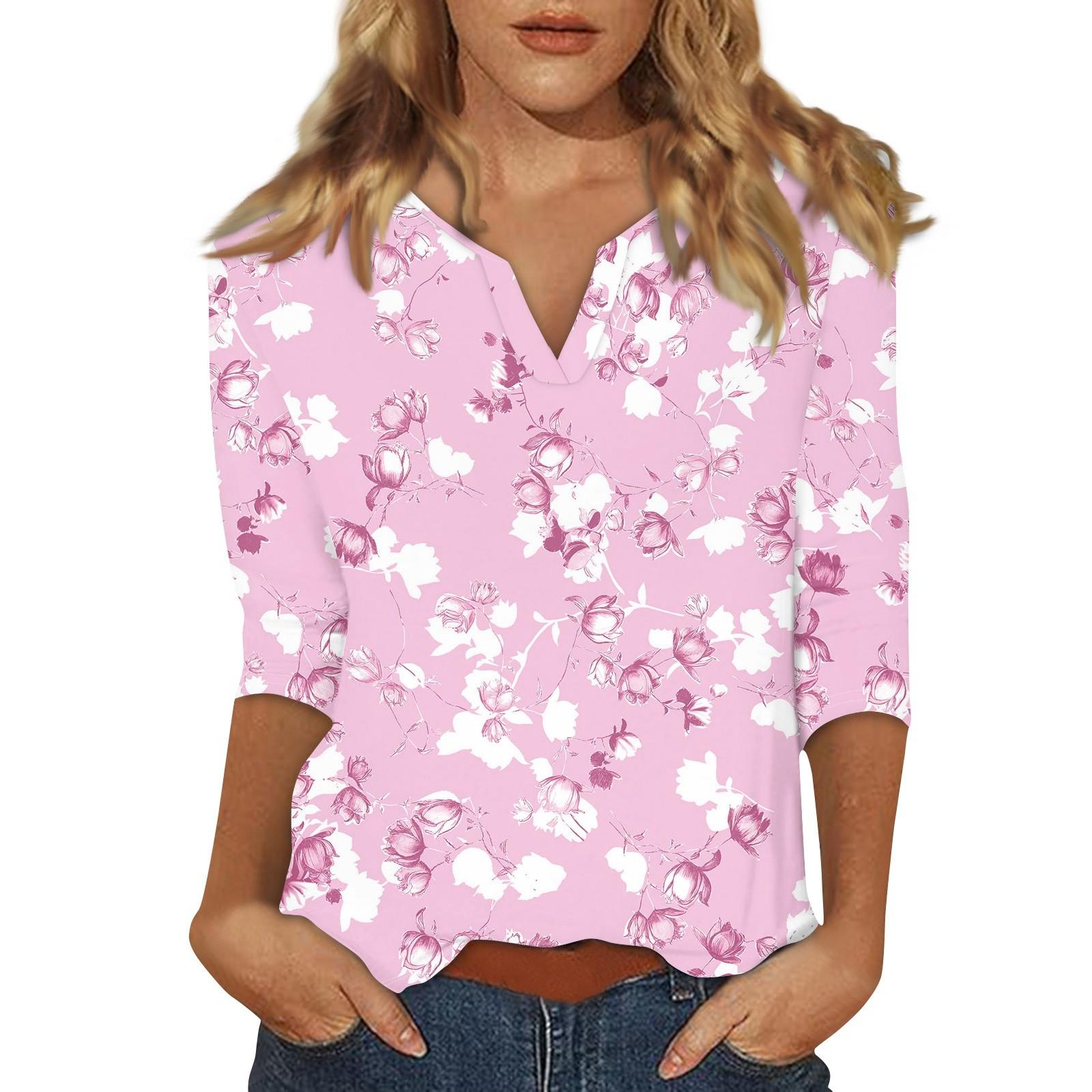 Women s Stand Collar 3/4 Sleeve Printed Top T-shirt S