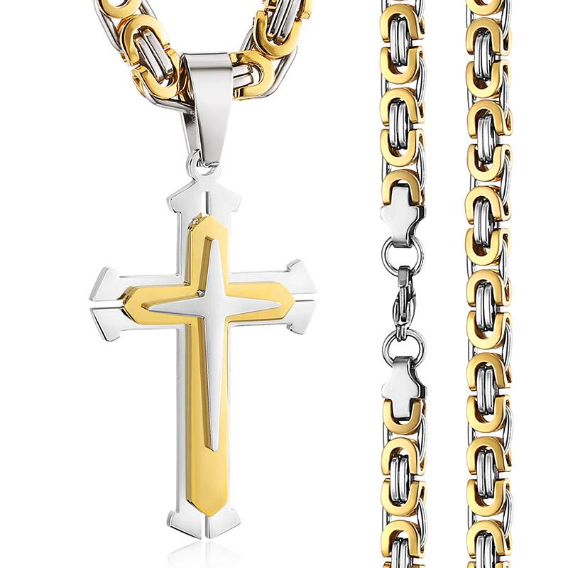 Three Layers Knight Cross Pendants Necklace for Men Stainless Steel Byzantine Link Chain Necklace Male Punk Jewelry Gift