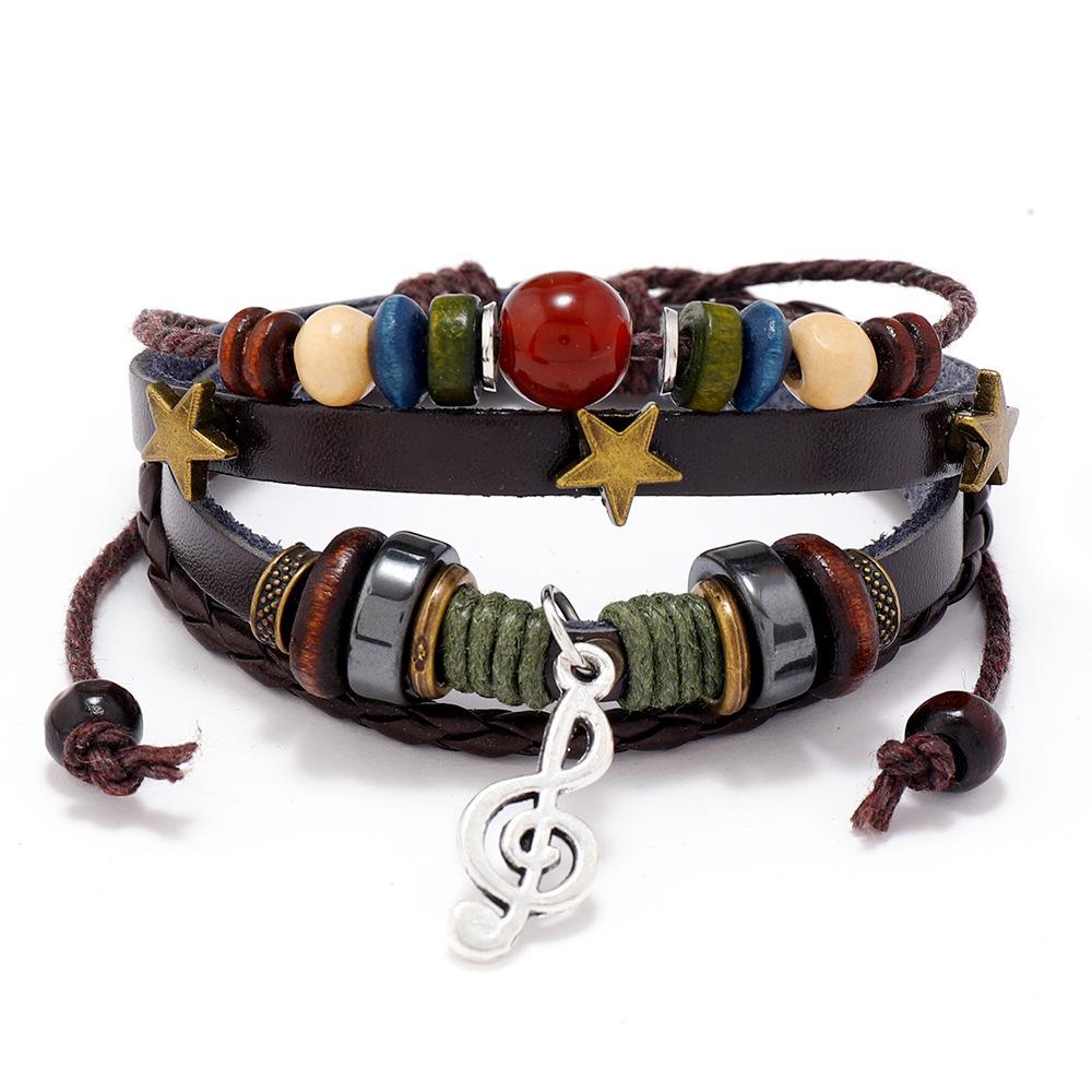 European and American Popular Hand-Woven Retro Leather Bracelet with Alloy Note and Cowhide Rope.