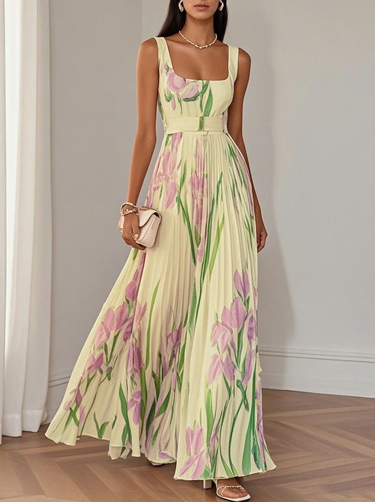 Women's Square Neck Sleeveless Floral Print Pleated Maxi Dress Elegant Backless A Line Long Dress For Wedding Guest Party Summer