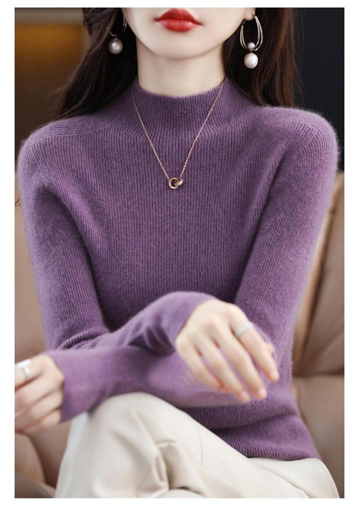 Women's Slim-Fit Korean Style 100% Wool Sweater, Half-High Neck Knit Base Layer for Autumn/Winter