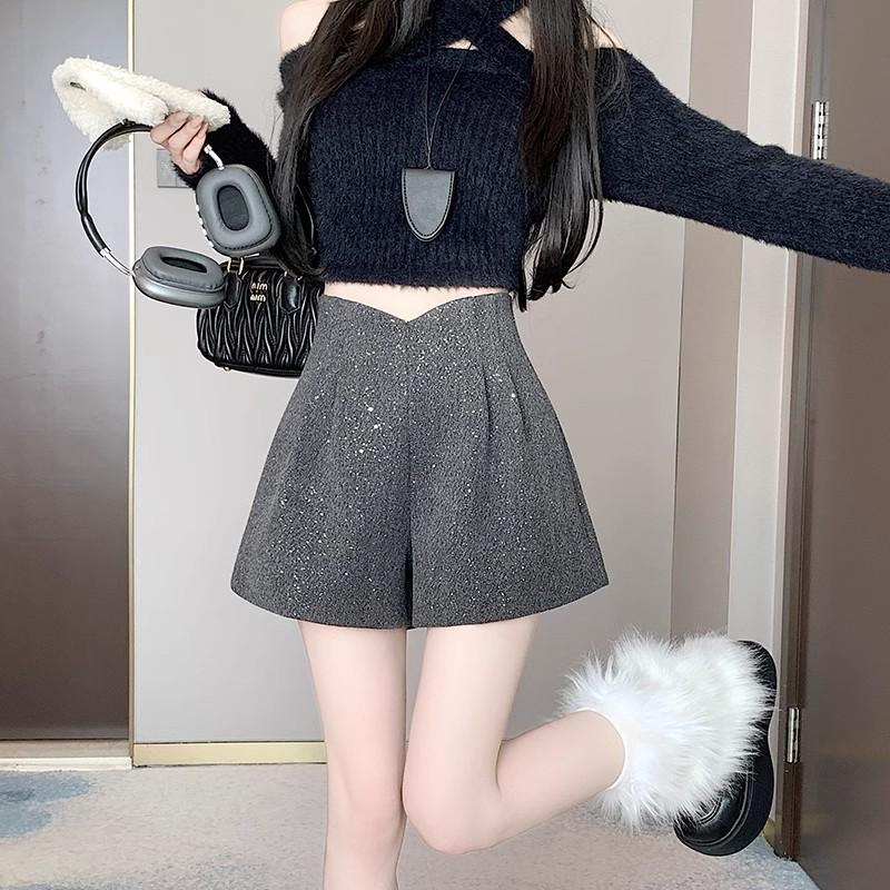 Women's High-Waisted Sequin Tweed Wide-Leg Shorts, Autumn/Winter 2025, Plus Size Slimming Design