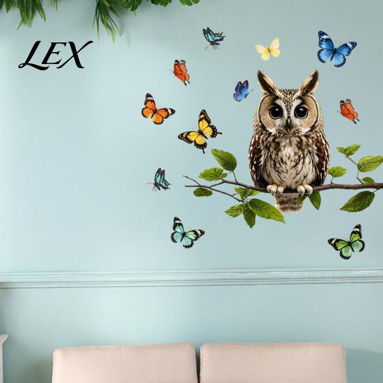 Decorative Party Window Sticker Owl Butterfly Wall Sticker, Forest Animal Illustration Decals, Nature Inspired Balcony Glass Decor Waterproof