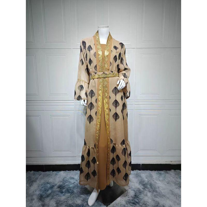 

Новый Ближний Восток Сет из цельного платья-халата с вышивкой сеткой Вышитый халат и платье Khaki 2XL