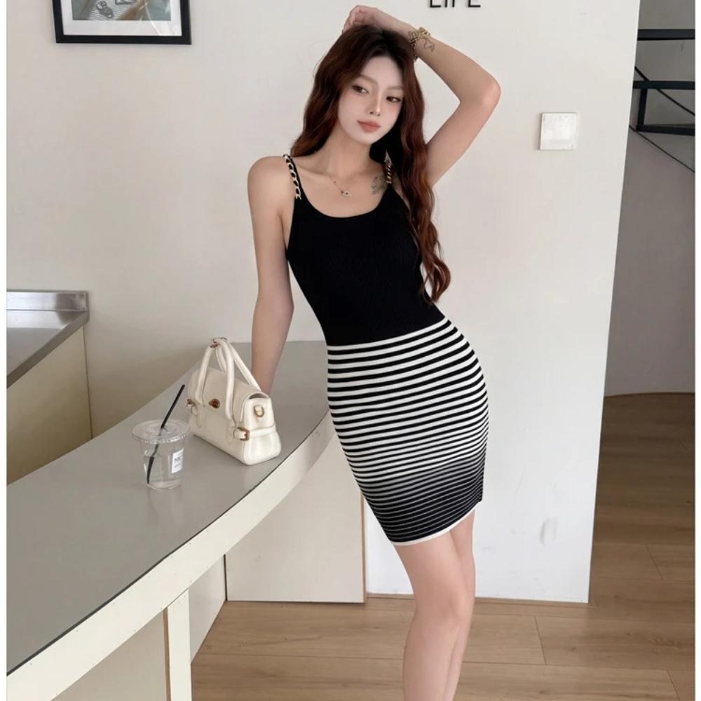 Summer Striped Camisole Knitted Sweater Sheath Pencil Dress Bottoming Women Casual Slim Elastic Party Dresses