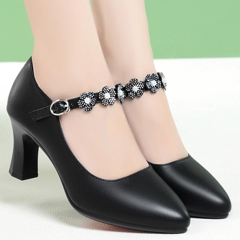 Women Pumps Flower Mary Jane Shallow Mouth Shoes Dress One-line Buckle Pointed Toe Medium Elegant Heels Soft Leather Shoes