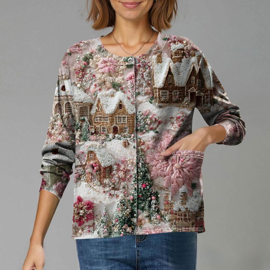 Women's Casual Long-Sleeved Single-Breasted Christmas-Themed Print  Cardigan