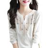 Frauen Frühling Herbst Weiße Blusen Dame Casual Stickerei V-ausschnitt Langarm Vintage Lose Blusas