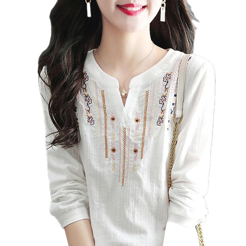 Frauen Frühling Herbst Weiße Blusen Dame Casual Stickerei V-ausschnitt Langarm Vintage Lose Blusas