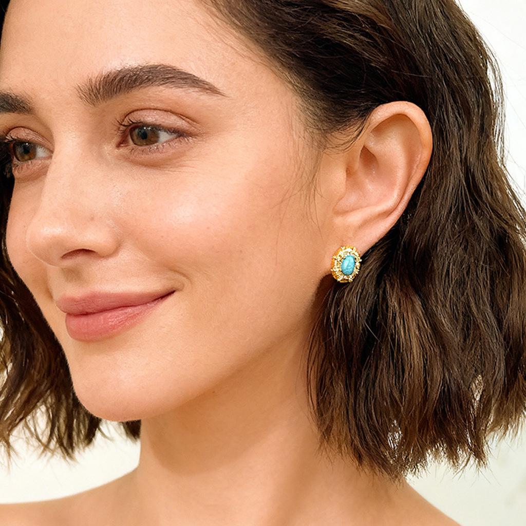 Vintage Turkusowe Cyrkoniowe Owalne Kolczyki Sztyfty - Retro Luksusowa Biżuteria Statement