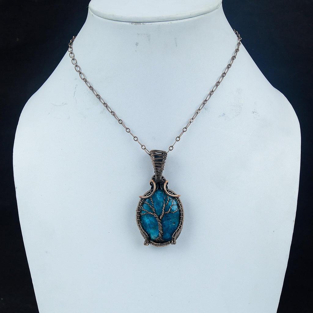 Neon Blue Apatite Gemstone Pendant 999 Copper Wire Wrapped Jewelry, Handmade Antique Pendant Jewelry, Gift For Mother