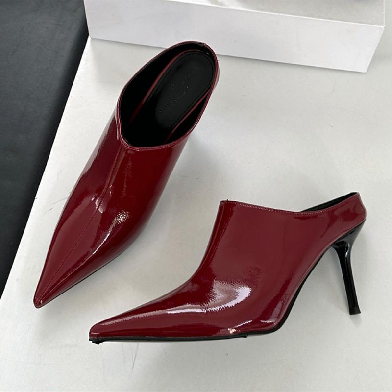 Fashion Sexy Pointy Toe Patent Leather Slippers Women 2025 Summer Elegant Thin High Heels Luxury Mules Slides Sandals Party Dress Shoes