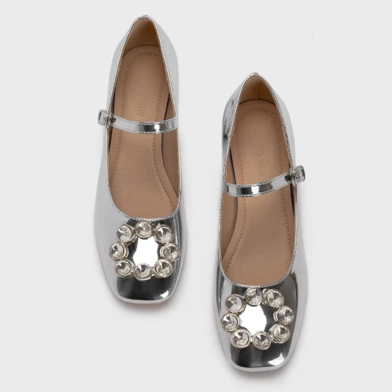 fashion Women Sliver Square Toe Mary Jane Shoes Fashion Rhinestone Ladies Spring Elegant High Heel Shoes Street Style Women Pumps Shoes