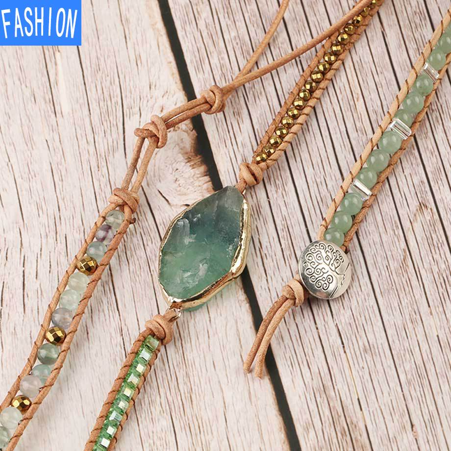 Multi Layer Bracelet with Green Fluorite Bohemian Emery Beads for Meditation Chakra Healing