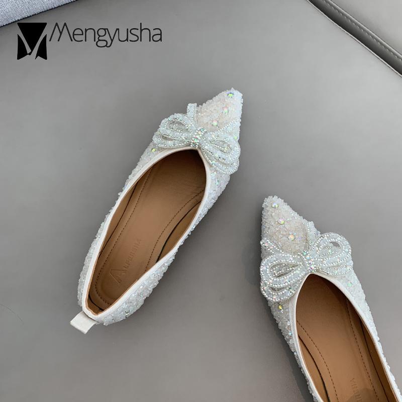 2024 Glitter Flats Shoes Woman Crystal Sequins Ballerina Shallow Pointed Toe Loafers Ladies Dress Office Bow Moccasins Ballets
