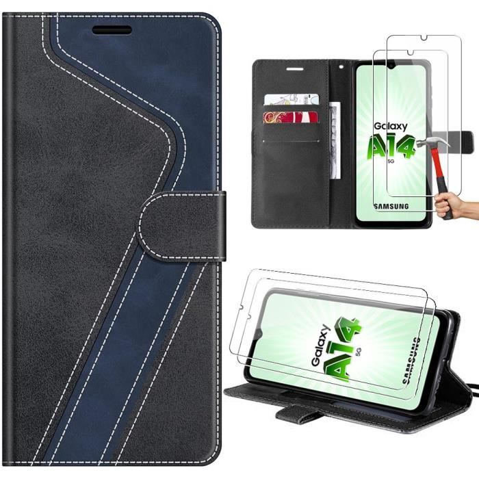 Coque pour Samsung Galaxy A14 4G-5G + 2 Verres Trempés, Protection Anti-choc en Cuir PU avec Fentes pour Cartes, Motif Stylisé, Noir