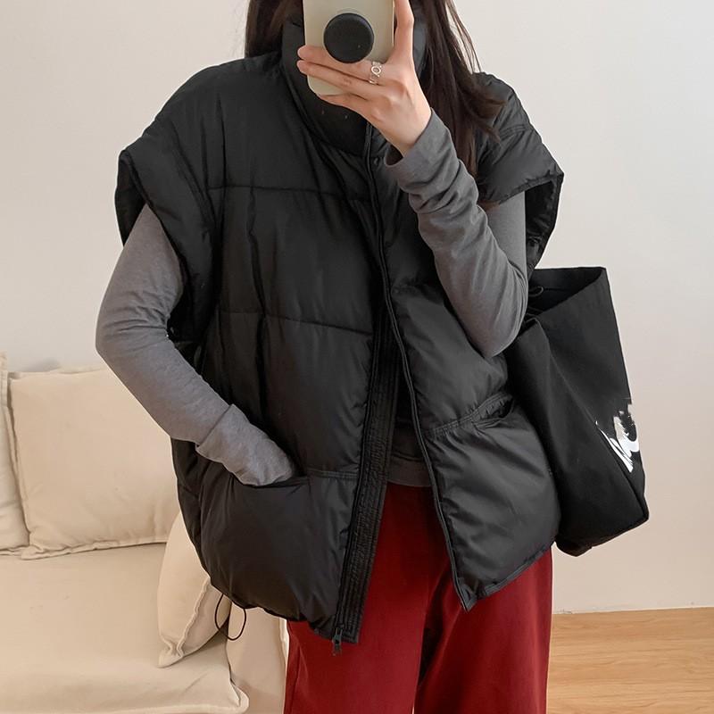 Women's Solid-Color, Stand-Collar, Cropped Down-Filled Cotton Vest—Loose-Fit Commuter Jacket