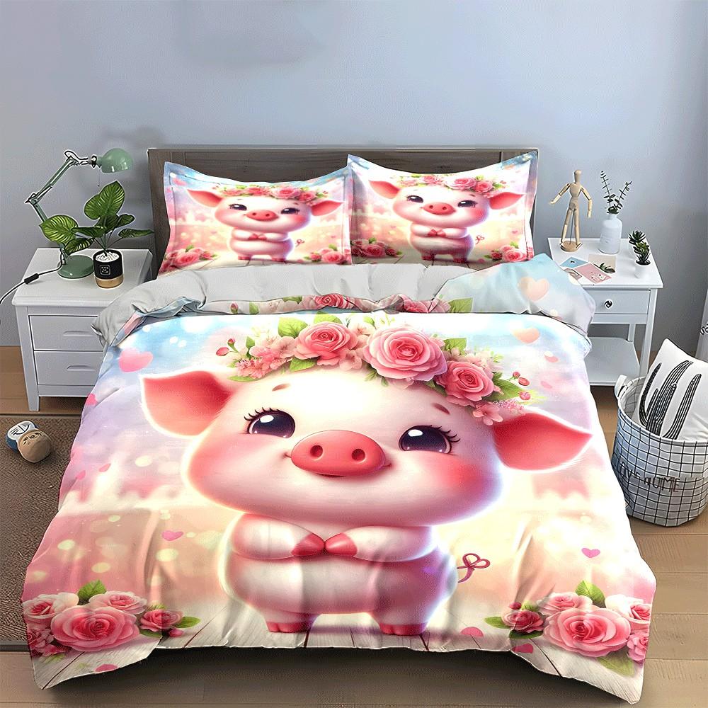 Romantic Floral Pig Themed Set Exquisite Three-Piece Bedding Set Gift For Kids And Adults