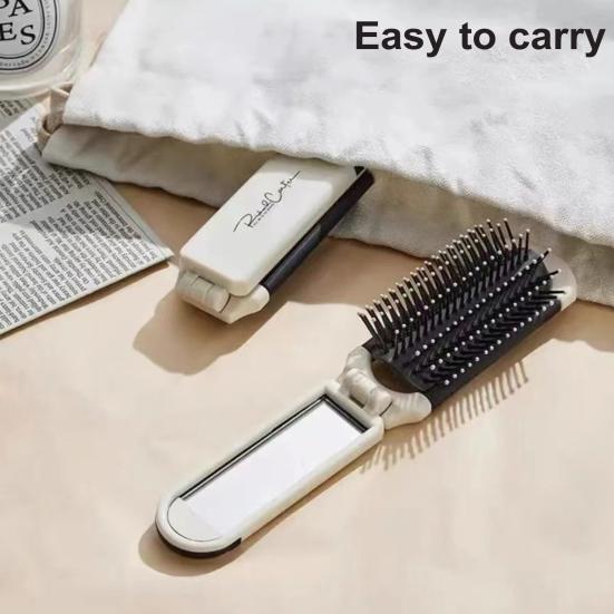 Mini Folding Hair Brush with Mirror for Women Girls Compact Pocket Comb Gentle Massage Brush