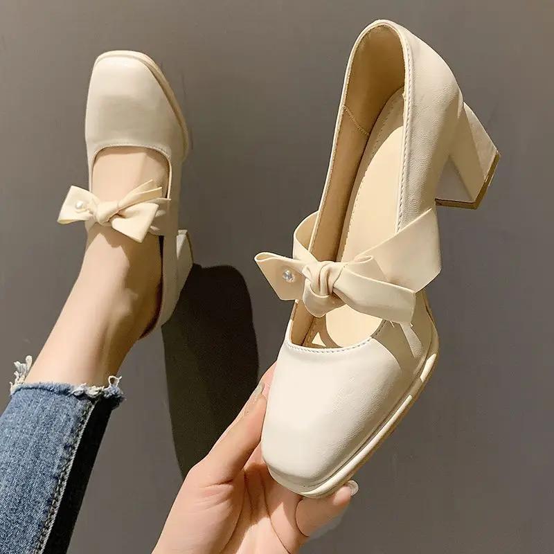 Shoes for Women with Bow Square Toe Moccasins Woman Pumps Stilito on Promotion Popular Comfortable and Elegant Chic Slip 39 Non
