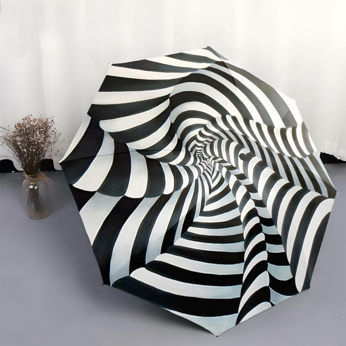 

Automatic Folding Umbrella Spiraling black and white stripes. Portable collapsible design, casual outdoor accessory, for all s Iron&8K