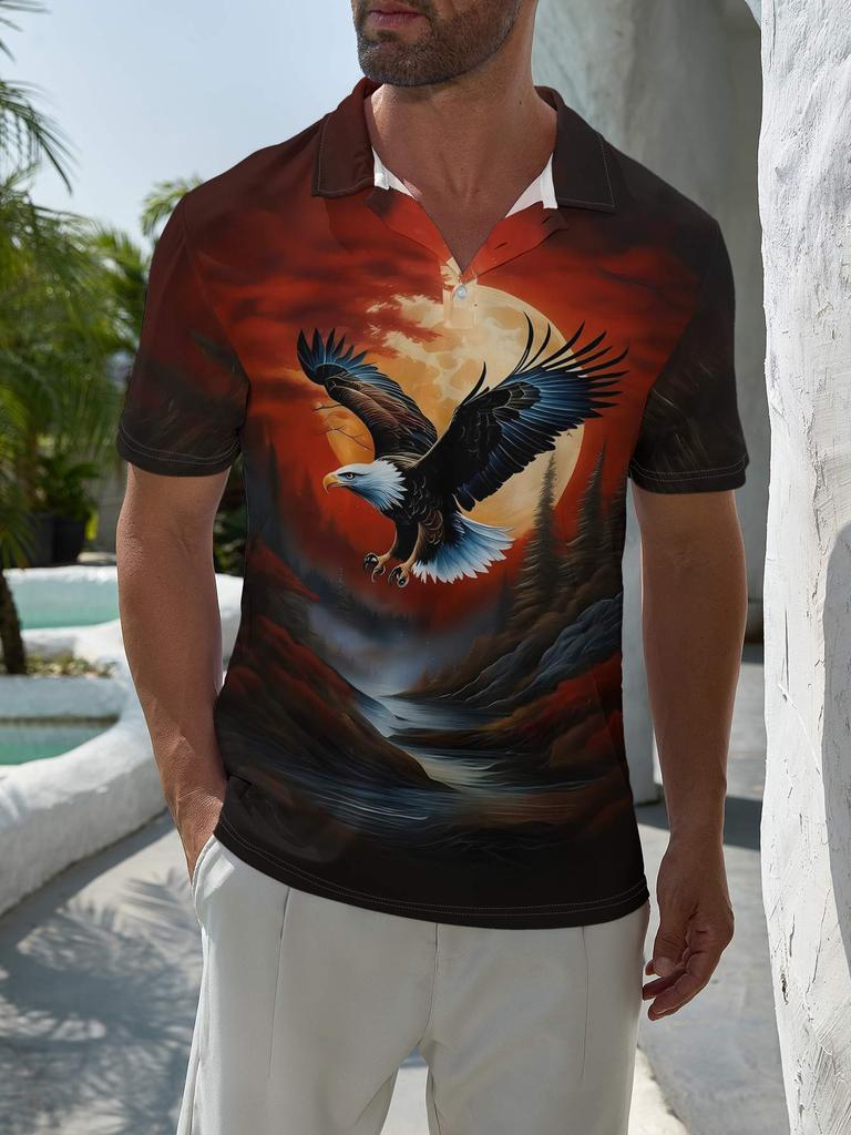 Men's Short-Sleeve Polo Shirt with Full-Body Eagle Print Lapel Collar - Button-Front Closure, Minimalist Texture-Free Suitable for Dates, Beach