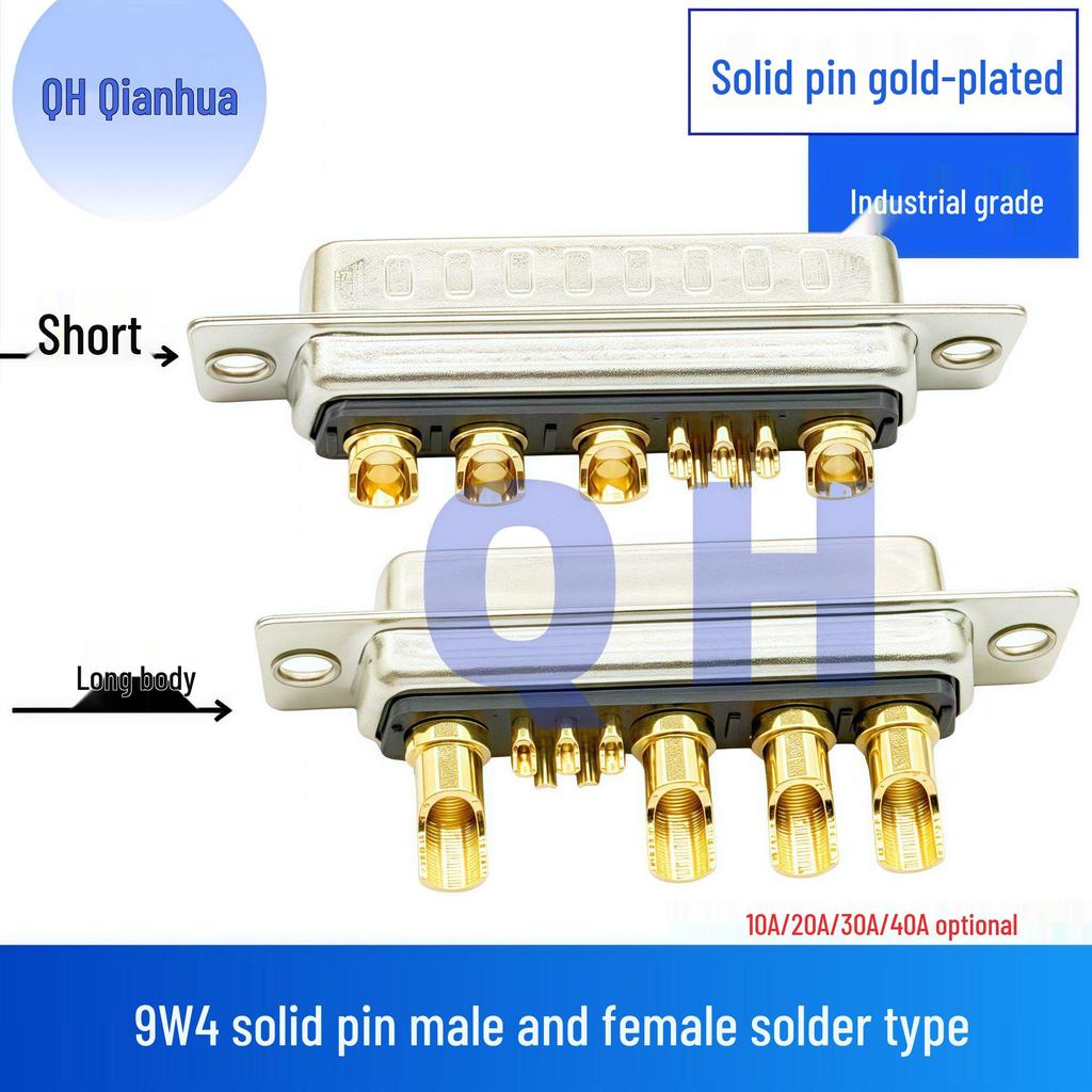 Gold-Plated 9W4 Male/Female Solid Pin High Current D-Sub Connector, Solder Type Plug