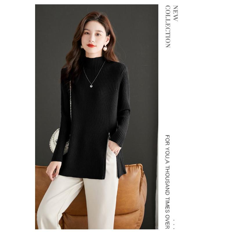 Svetr s polovičním rolákem střední délky pro ženy 2025 Podzim a zima Nový styl Rozparek Zeštíhlující Temperament Pletený top