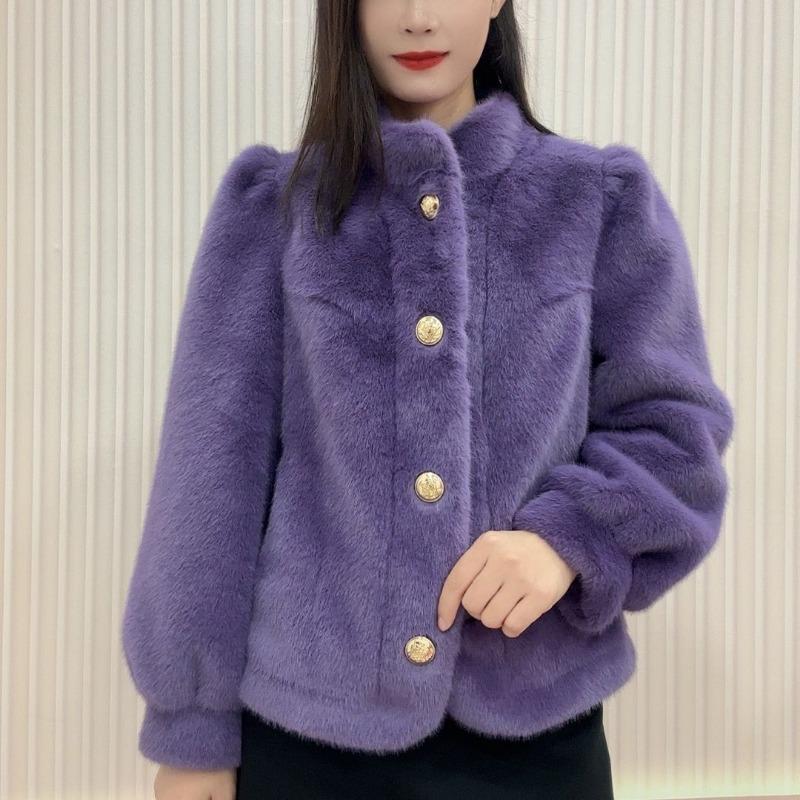 Cappotto Corto di Visone Caldo Spesso Manica Lunga Collo Alto Versatile Capispalla Autunno Inverno