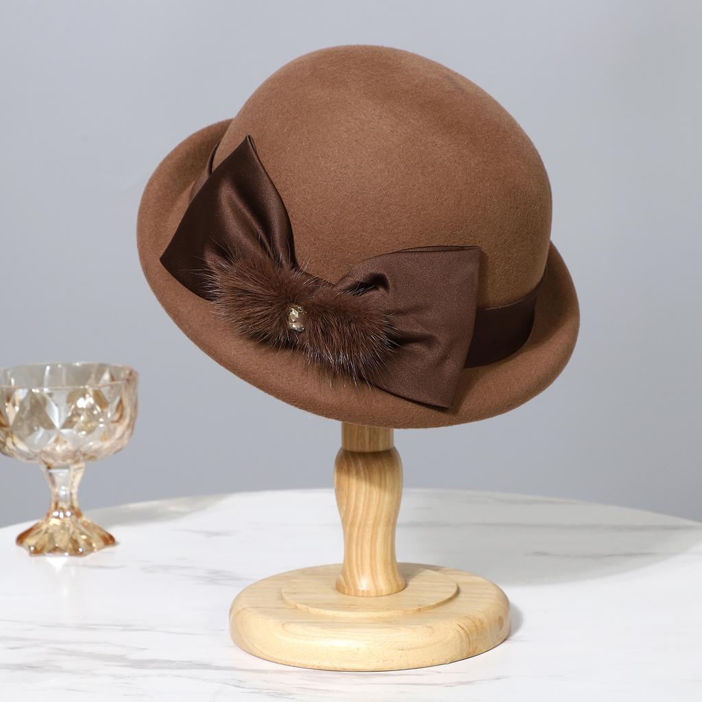 Berretto in lana con fiocco di visone elegante francese da donna autunno inverno cappello a secchiello arricciato di alta gamma cappello a cilindro di temperamento