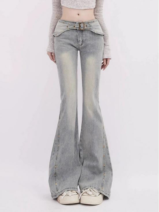 Retro American Wide-Leg Flared Jeans with Rivet Belt Design