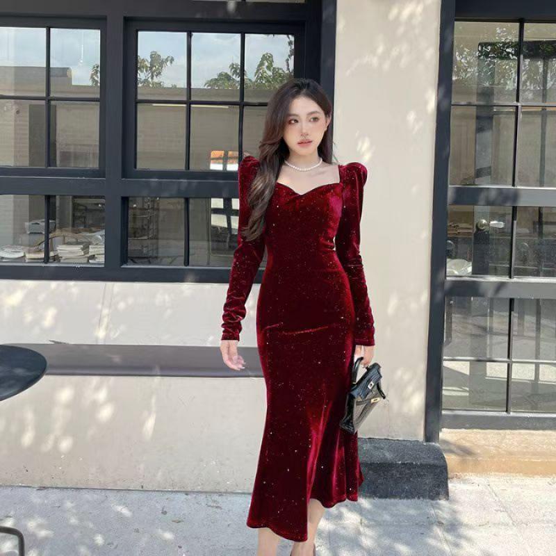 

Large size women s clothing high-end velvet fishtail skirt autumn and winter thin inner dress 2XL