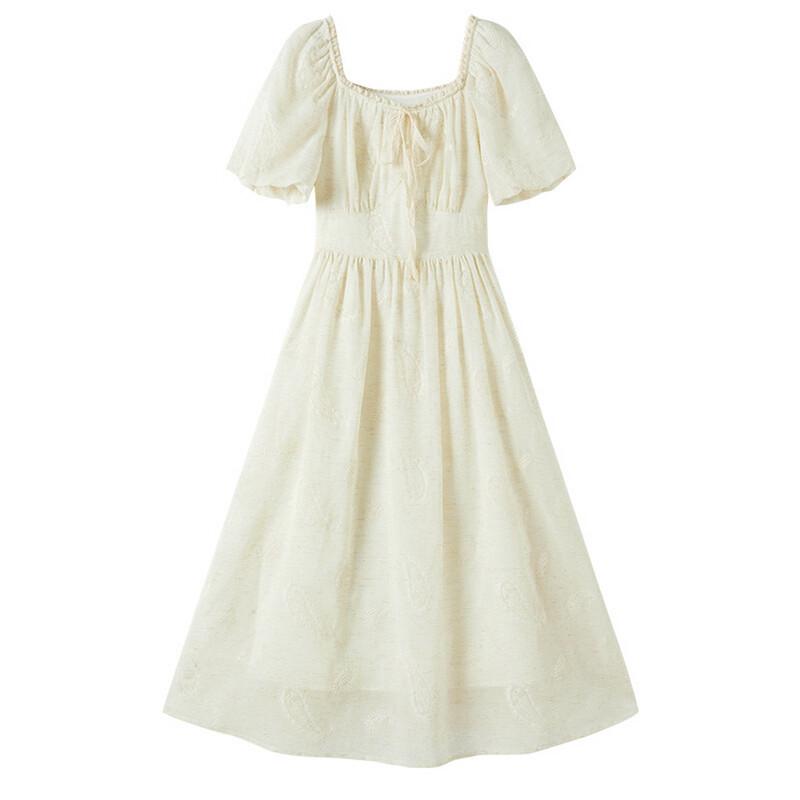 Xiangying Women's Puff Sleeve Square Neck Linen Blend Dress