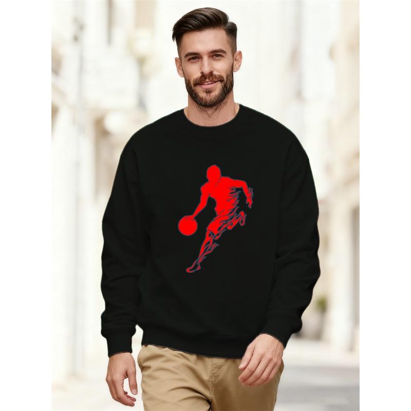 Men'S Flame Basketball Player Graphic Casual Crew Neck Sweatshirt | Loose Fit, Slight Stretch Fabric, Solid Color Pattern