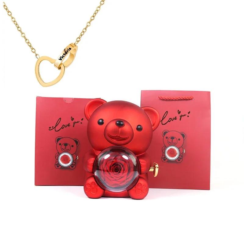 Mini Zarte Herz Gravierte Halskette Süße Bären Schmuckschatullen Valentinstag Muttertag Geburtstagsgeschenk Papiertüten Set