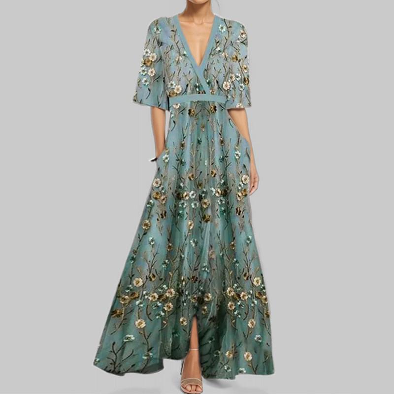 

European American Women s Clothing Elegant Temperament V-neck Printed Waist-closing Dress 3XL