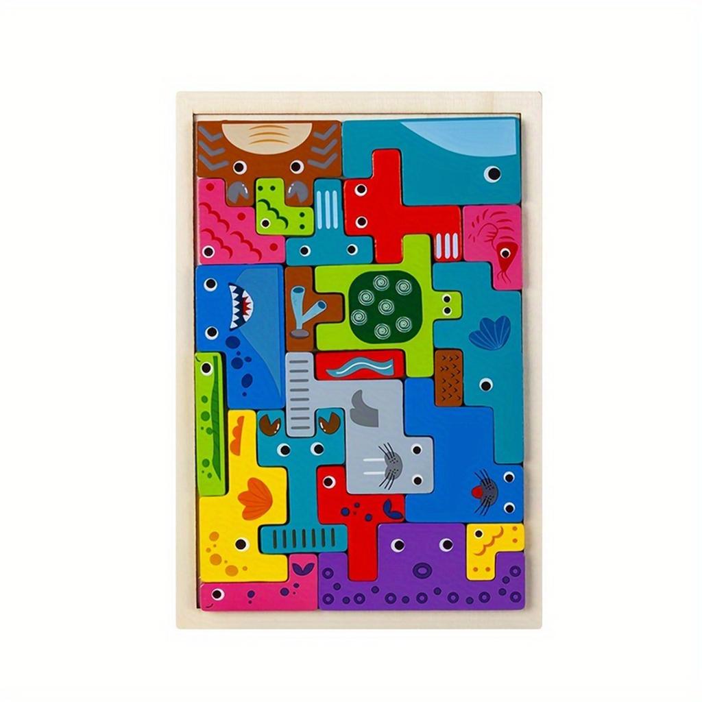 Children's Wooden 3D Puzzle Set, Educational Animal, Ocean, People And Transportation Themes, Mixed Color Wooden Toy Building Block Gift Set