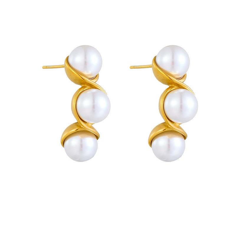 Gold Plated Stainless Steel Spiral Pearl Drop Earrings For Women