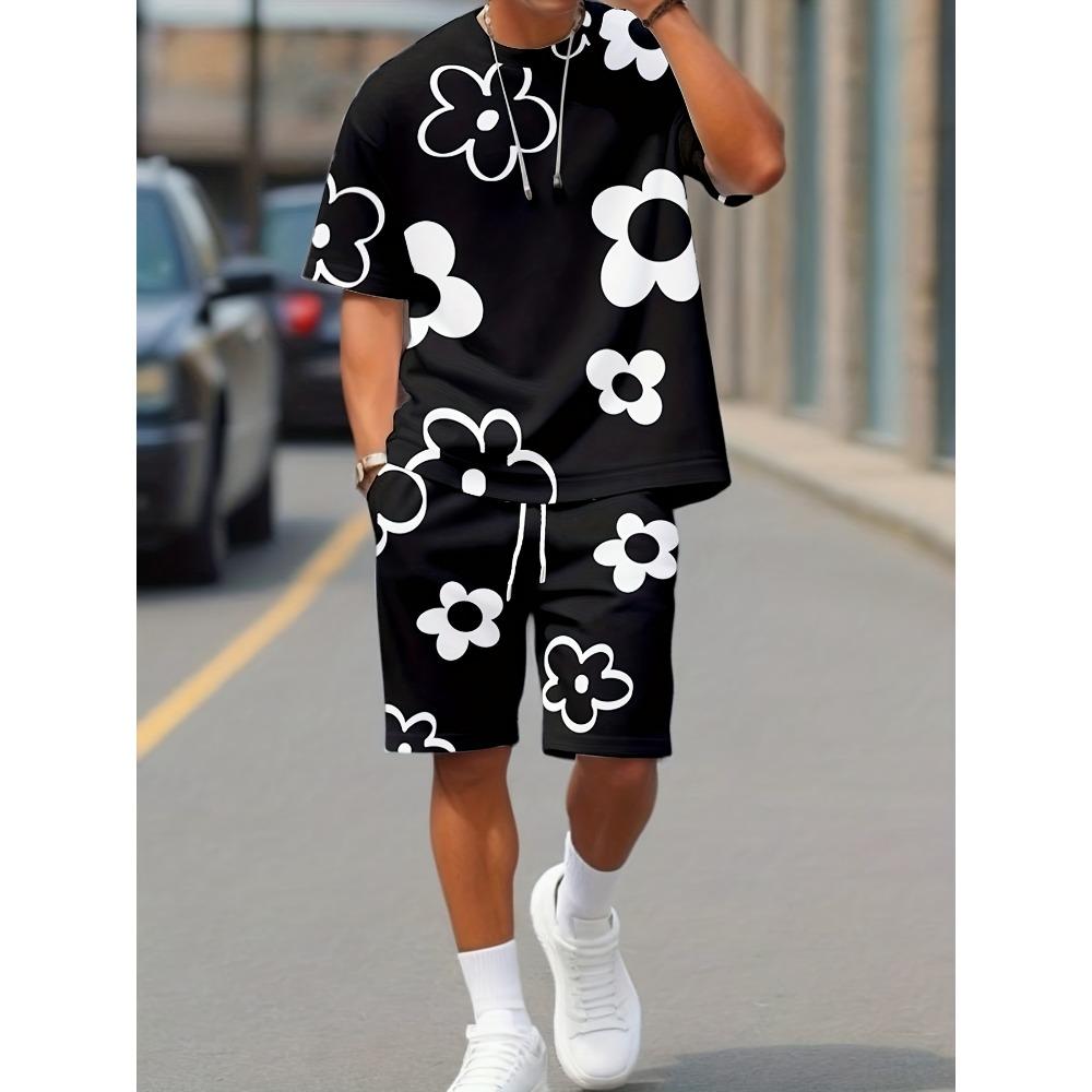 Set Elegante da Uomo con T-shirt e Pantaloncini a Fantasia Floreale, Perfetto per Uscite Estive, Ideale per Coppie, Comodo da Indossare