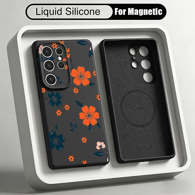 Cartoon Flowers Print Case For Samsung Galaxy S26 S25 Ultra S24 Plus S23 S22 Ultra Magnetic For Magsafe Liquid Silicone Cover