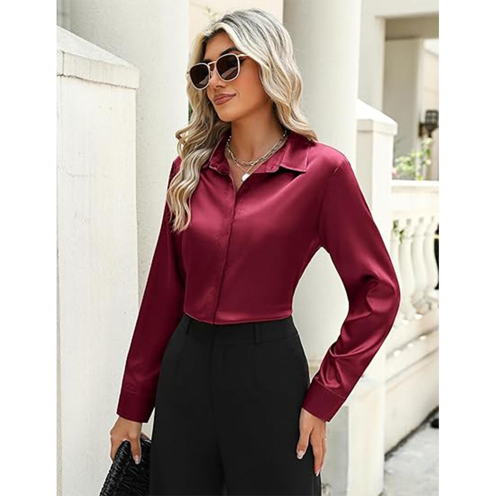 Saténové halenky pro ženy ležérní s dlouhým rukávem na knoflíky hedvábné košile elegantní pracovní tunika top