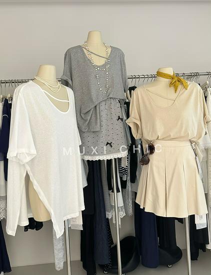 

Muxi 8219 Summer V-Neck Plus Size Loose Fit Short Sleeve T-Shirt One Size серый