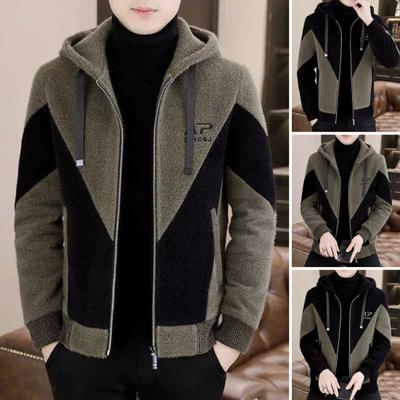 Fall Winter Men Jacket Hooded Color Matching Thick Loose Soft Drawstring Zipper Closure Cardigan Long Sleeve Warm Plus Size Men Coat