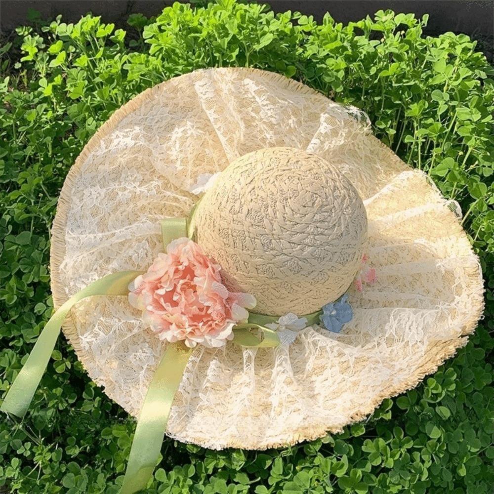 Big Brimmed Vacation Beach Cap Flower Woven Sun Cap Elegant Lafite Straw Hat  Summer