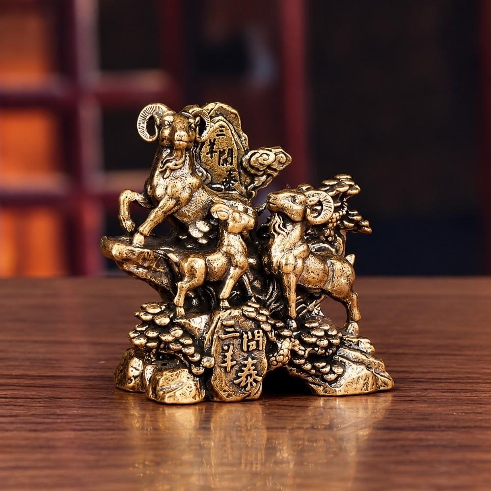 San Yang Kai Tai Zodiac Sheep Figurine Metal Vintage Statue Gift Lucky Ornament Year of The Sheep