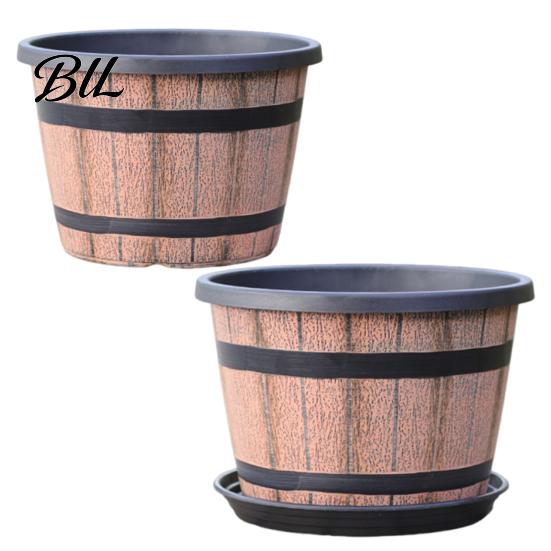 Brown Rustic Plant Pot Flowerpot Barrel Style Pots with Built-In Drainage Holes 8" Plastic-Inspired Finish Extra-Large, Thick Planter for Patio Garden