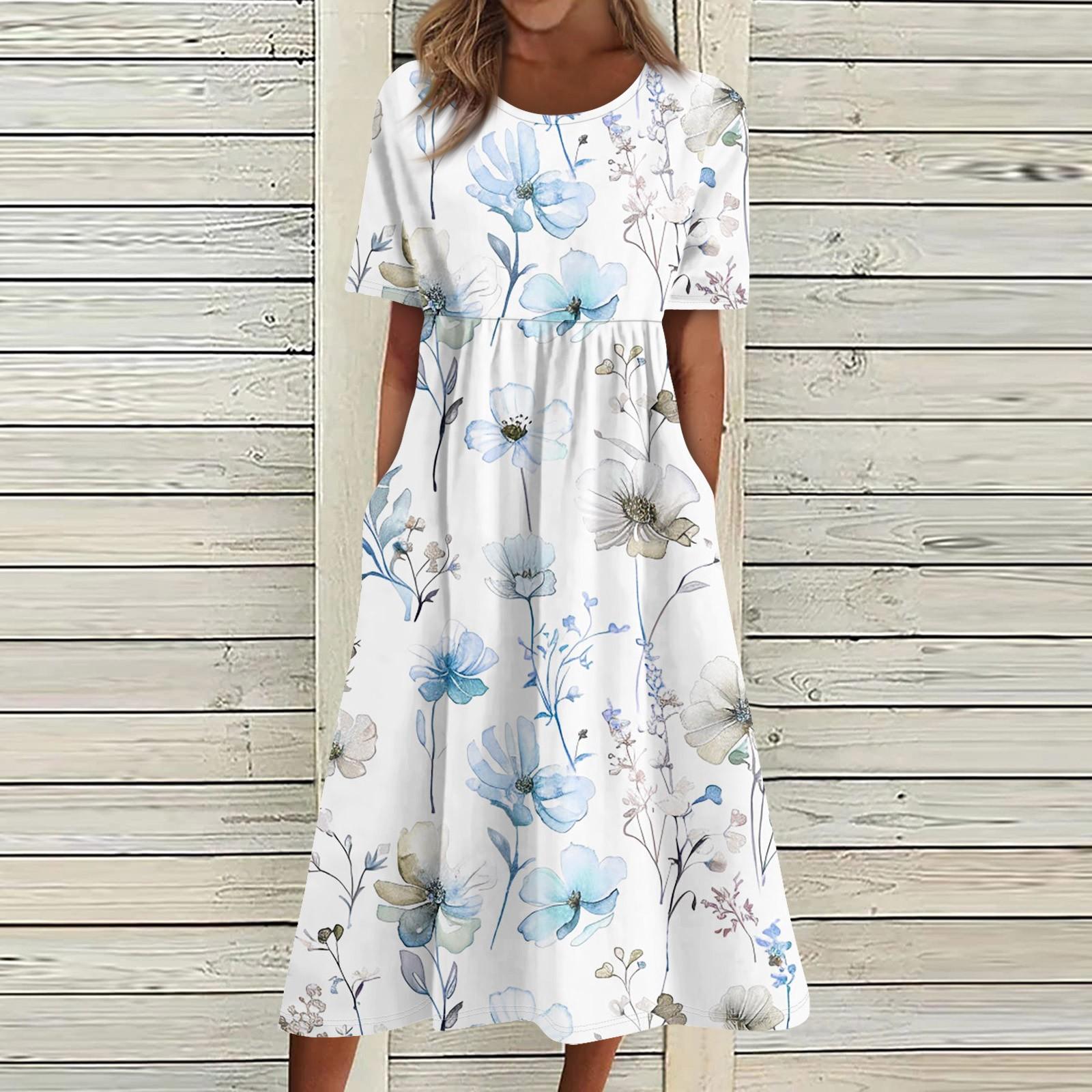 

Летнее платье для женщин, повседневное пляжное свободное платье с короткими рукавами и принтом S