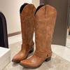 Fashion 2025 Big Size 42 Retro Maillard Style Brown Cowboy Boots Women Punk Rivets Chunky Heels Knee High Western Motorcycle Boots Shoes