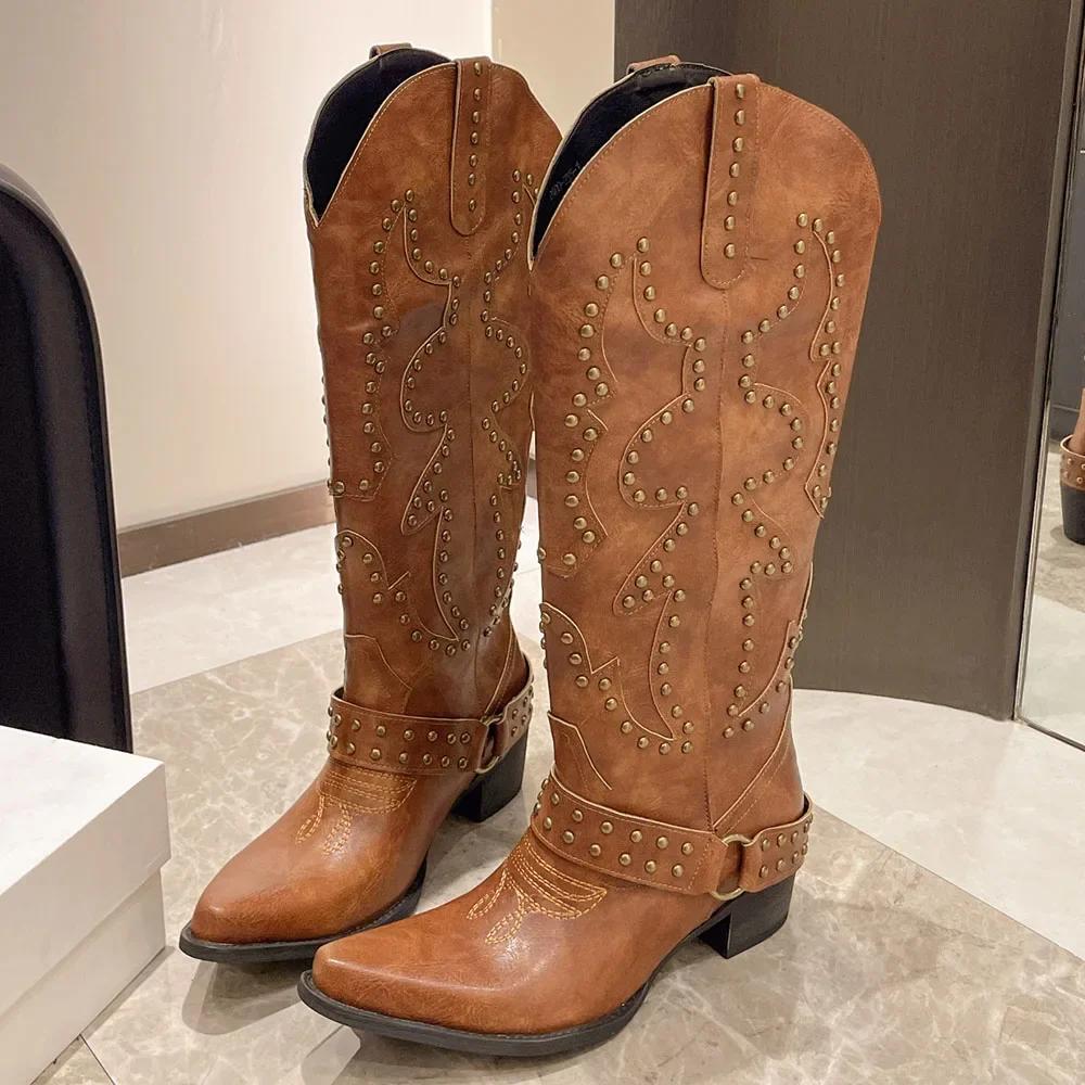 Fashion 2025 Big Size 42 Retro Maillard Style Brown Cowboy Boots Women Punk Rivets Chunky Heels Knee High Western Motorcycle Boots Shoes