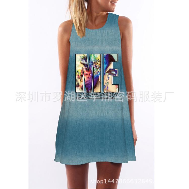 European and American Hot-selling New Digital Printing Round Neck Big Pendulum Loose Off-the-shoulder Medium and Long Vest Sleeveless Dress